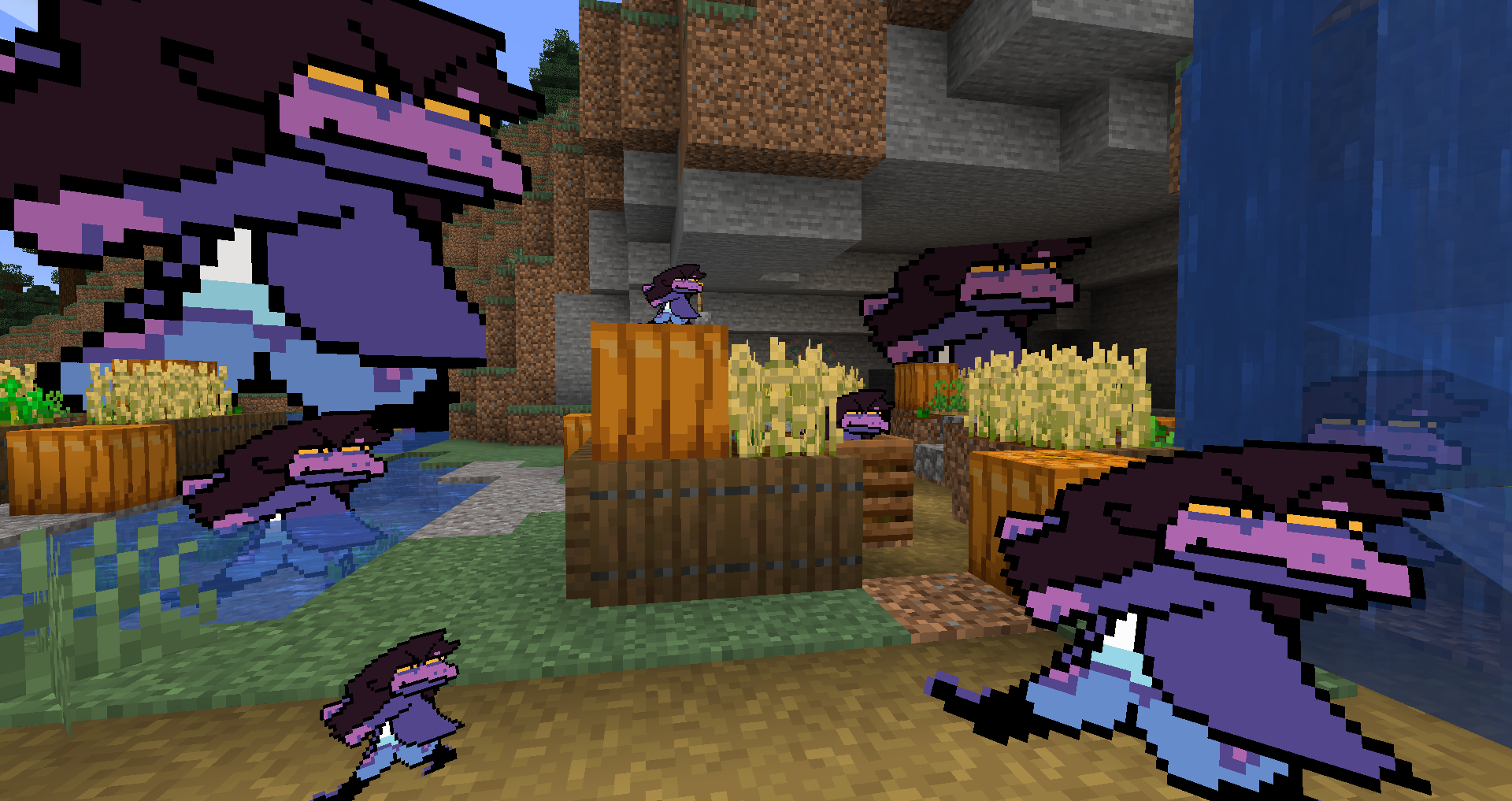 Example screenshot of many variously-sized Susie Deltarunes scattered around a Minecraft village